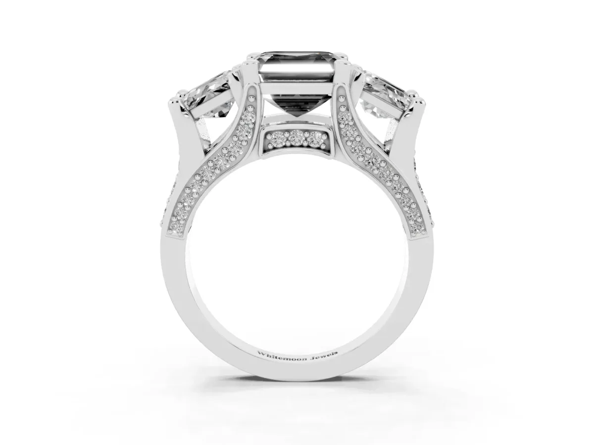 Fancy Black Asscher Cut Diamond Three-Stone Ring with Channel Set Band and Four-Prong Setting Silver