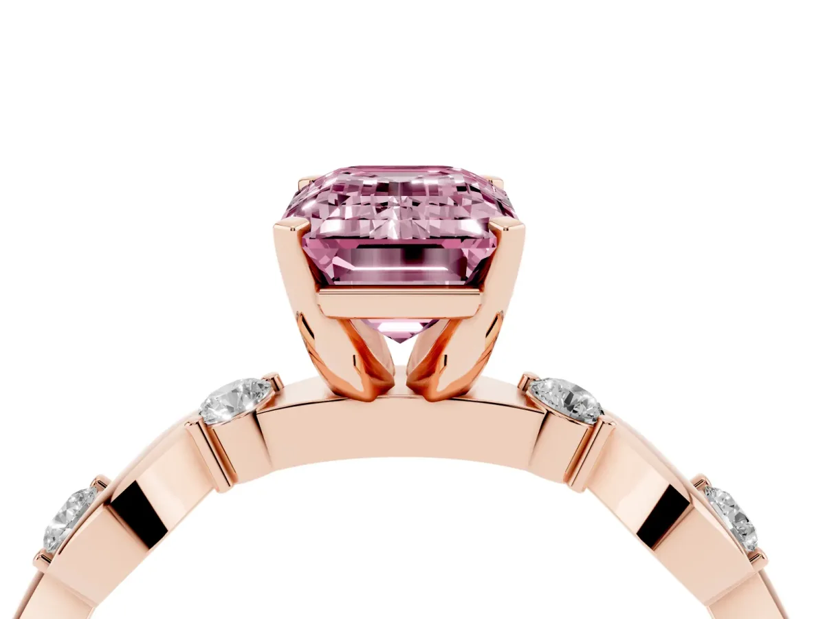 Fancy Pink Emerald Cut Diamond Solitaire Twisted Band with Round Accents and Prong Setting Rose gold