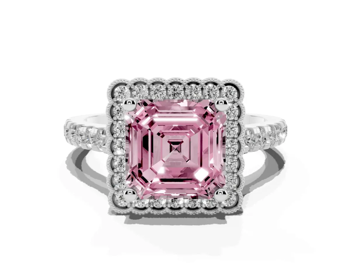 Fancy Pink Asscher Cut Cut Diamond Milgrain Floral Halo Engagement Ring with Pavé Band Silver