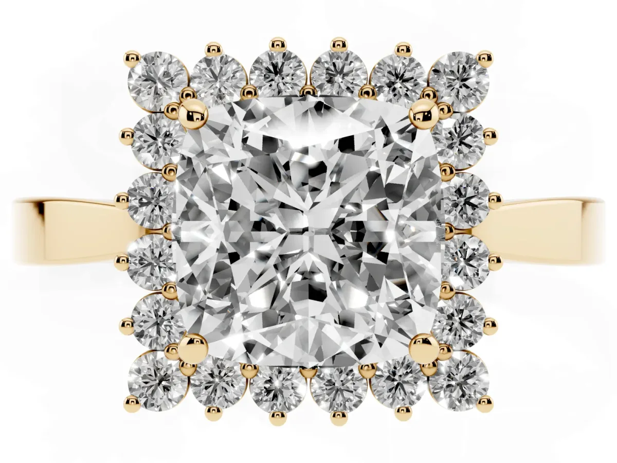 Cushion Cut Cut Diamond Halo Ring with Round Brilliant Halo and Solitaire Band Yellow gold