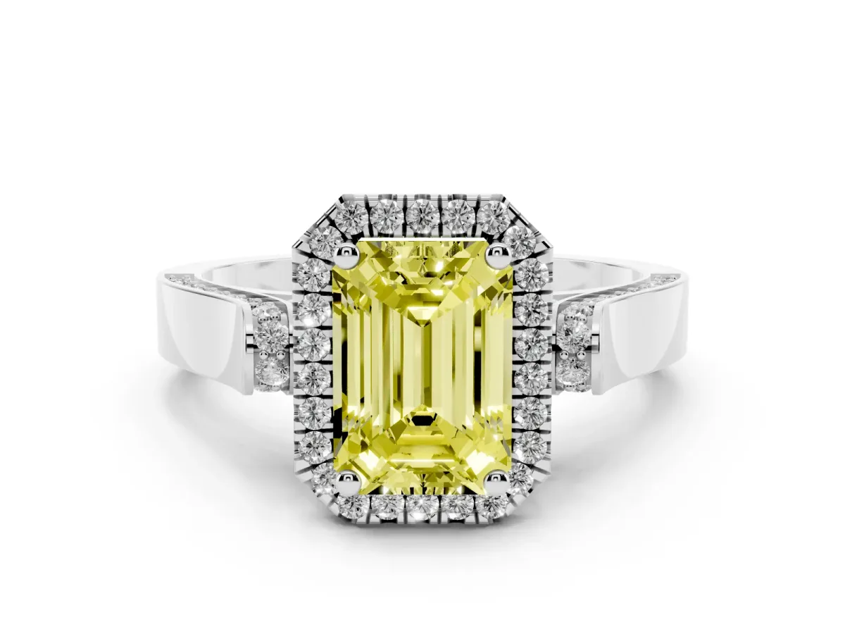 Fancy Yellow Emerald Cut Halo Pave Split Shank Prong Setting Ring Platinum