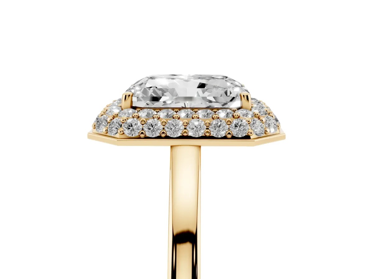 Radiant Cut Halo Diamond Engagement Ring with Solitaire Band and Four-Prong Setting Yellow gold