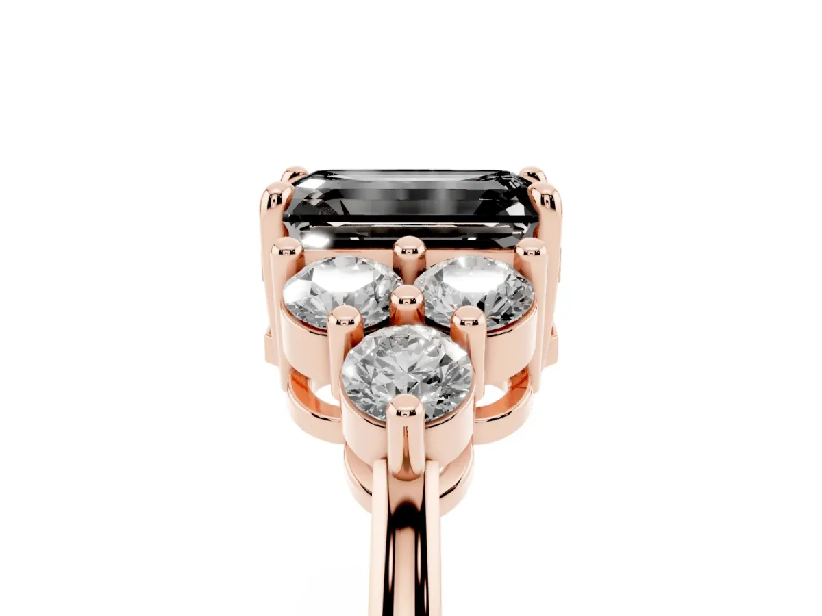 Fancy Black Emerald Cut Brilliant Diamond Cluster Accent Solitaire Ring with Prong Setting Rose gold