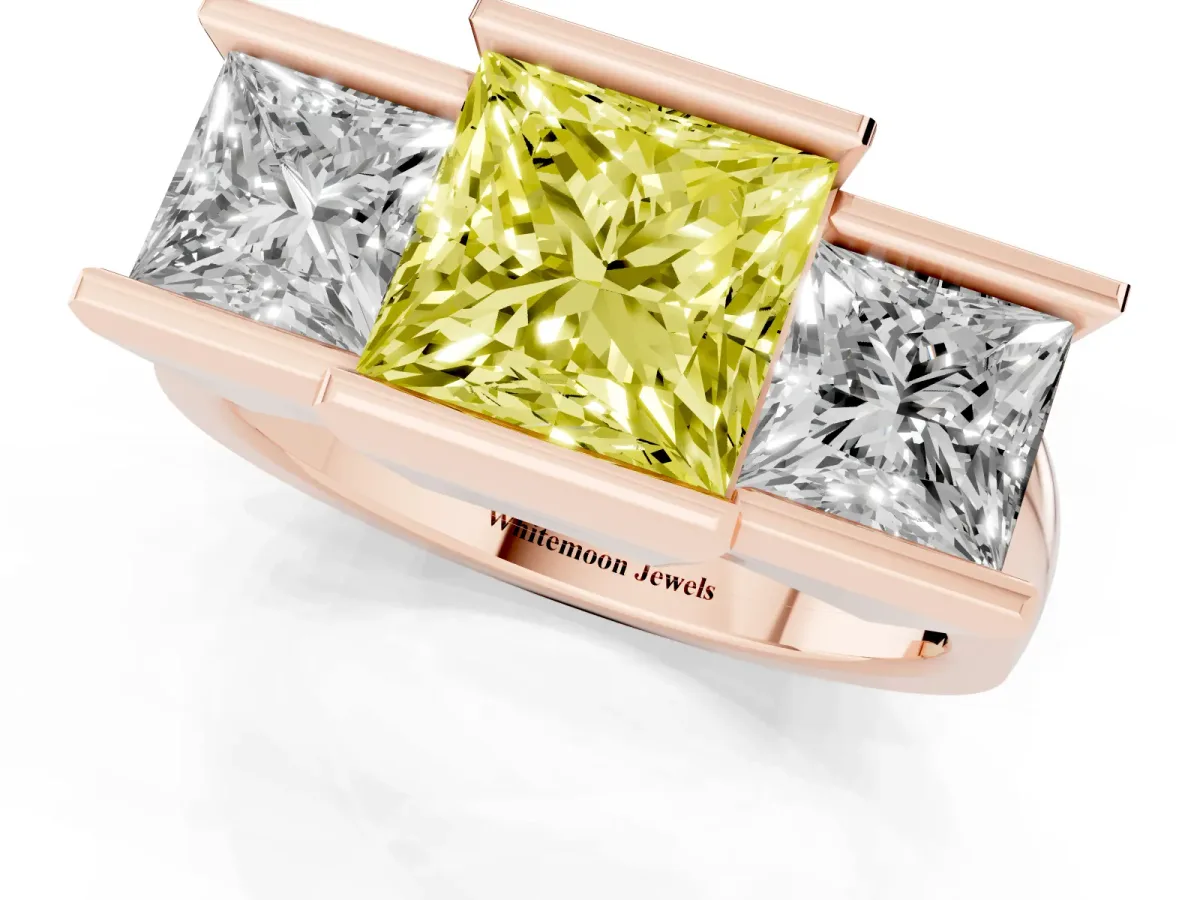 Fancy Yellow Three Stone Princess Cut Cut Channel Set Diamond Ring Rose gold