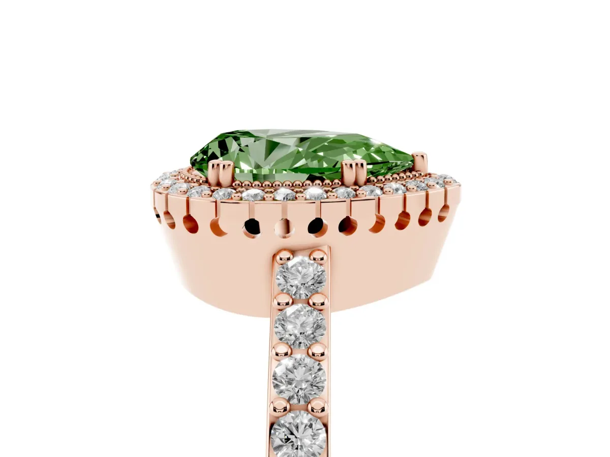 Fancy Green Pear Cut Cut Diamond Halo Engagement Ring with Milgrain Detail and Pavé Band Rose gold