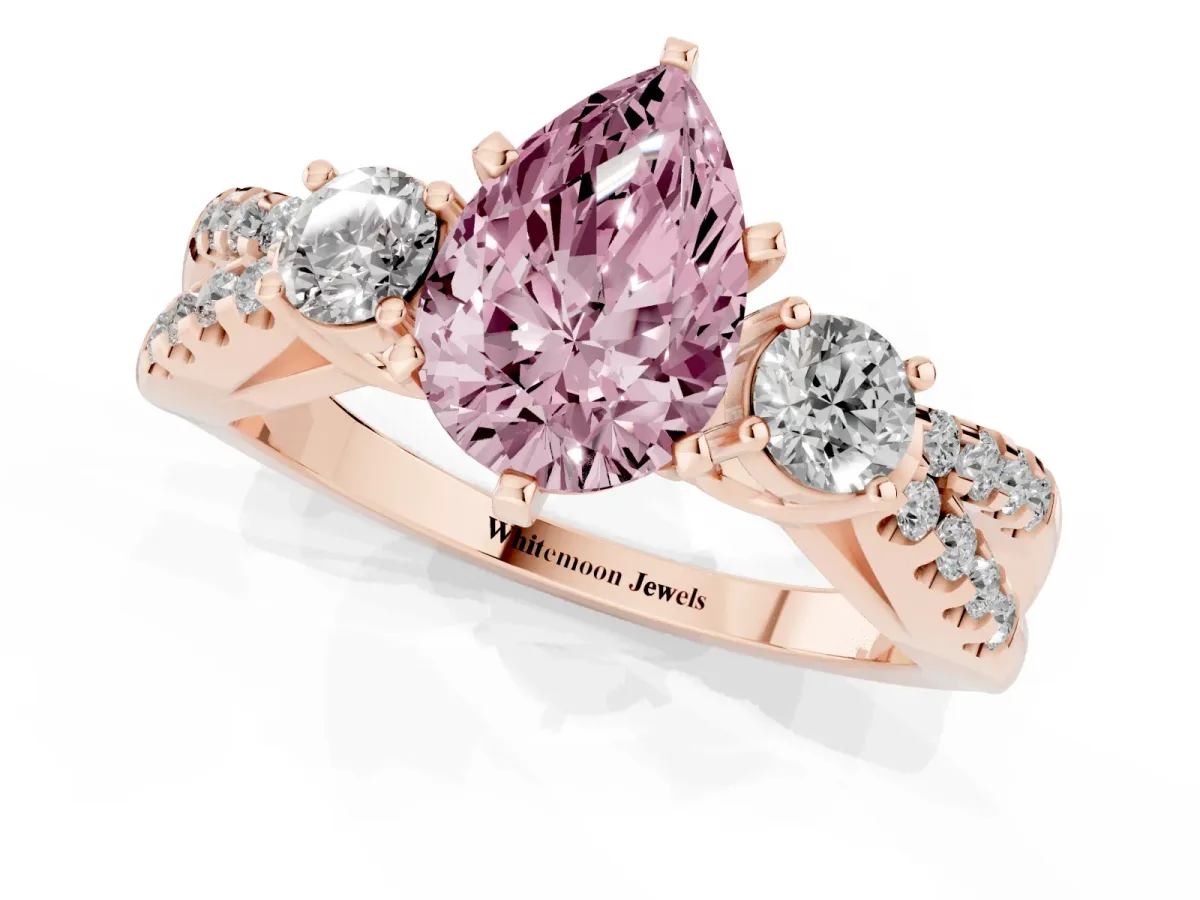 Fancy Pink Pear Cut Diamond Three-Stone Ring with Pavé Split Shank and Four-Prong Setting Rose gold