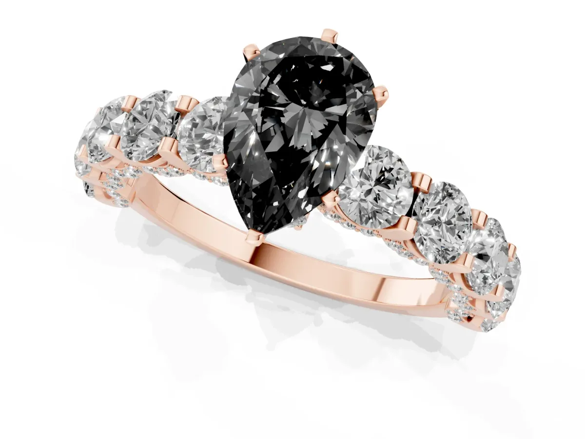 Fancy Black Pear Cut Diamond Side Stone Engagement Ring with Four-Prong Setting Rose gold