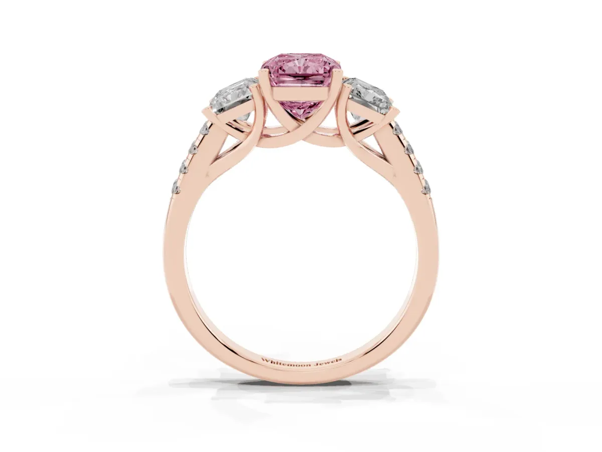 Fancy Pink Three-Stone Radiant Cut Diamond Ring with Round Pavé Band and Prong Setting Rose gold