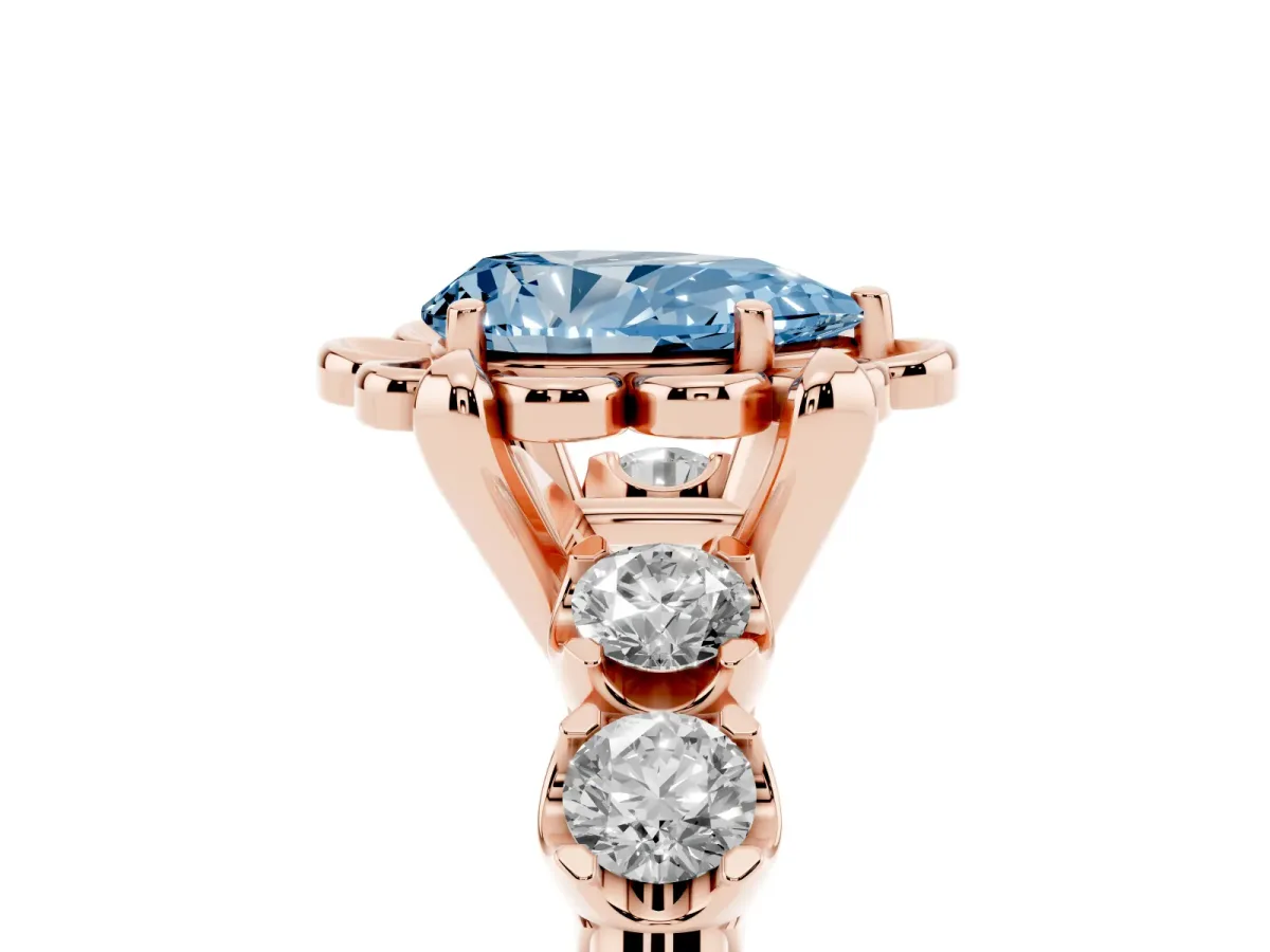 Fancy Blue Pear Cut Cut Diamond Floral Halo Engagement Ring with Shared Prong Setting Rose gold