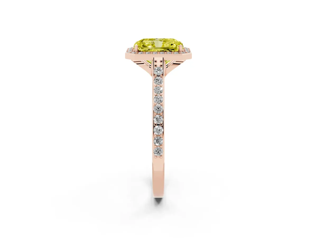 Fancy Yellow Radiant Cut Diamond Halo Engagement Ring with Round Pavé Shoulders and Prong Setting Rose gold