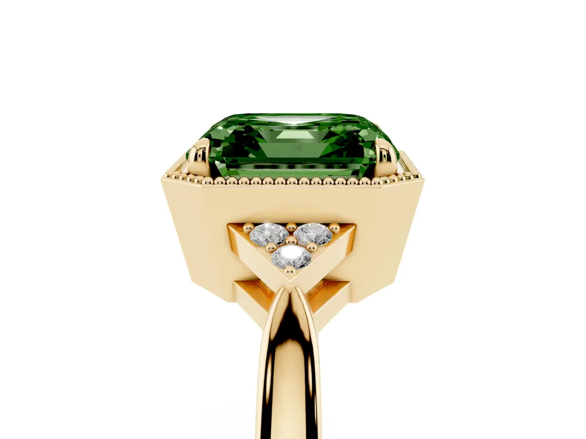Fancy Green Asscher Cut Diamond Halo Ring with Tapered Band and Four-Prong Setting Yellow gold