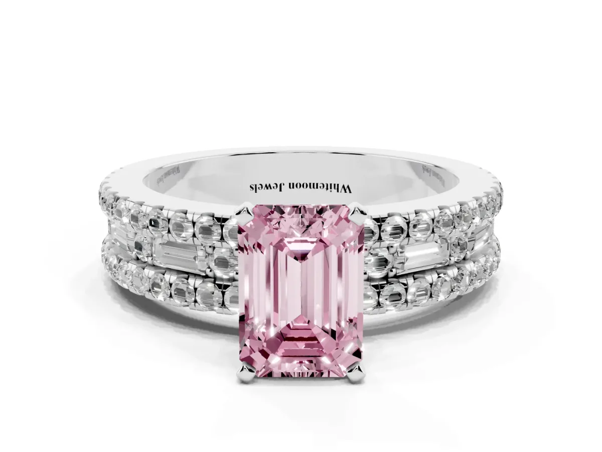 Fancy Pink Emerald Cut Diamond Solitaire Ring with Pavé and Channel Set Band Silver