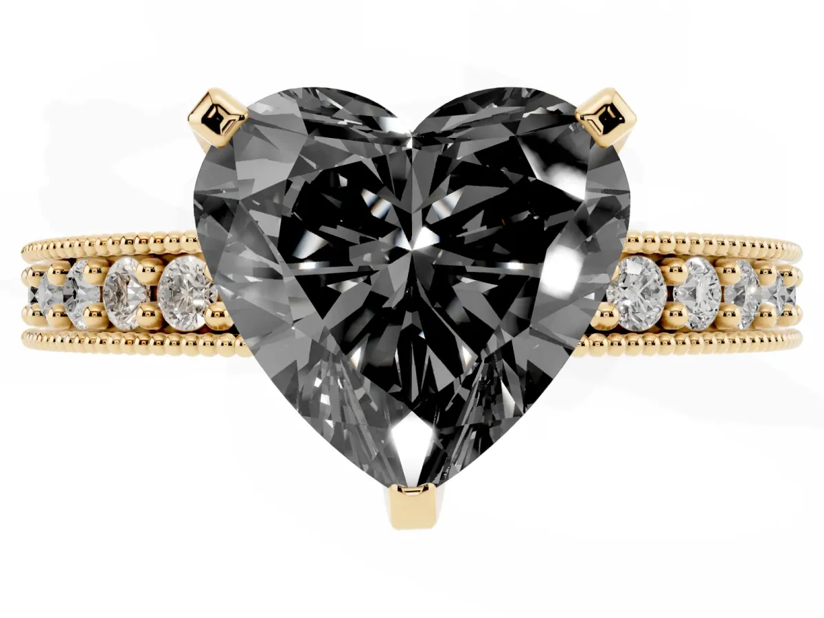 Fancy Black Heart Cut Diamond Milgrain Pavé Engagement Ring with Four-Prong Setting Yellow gold