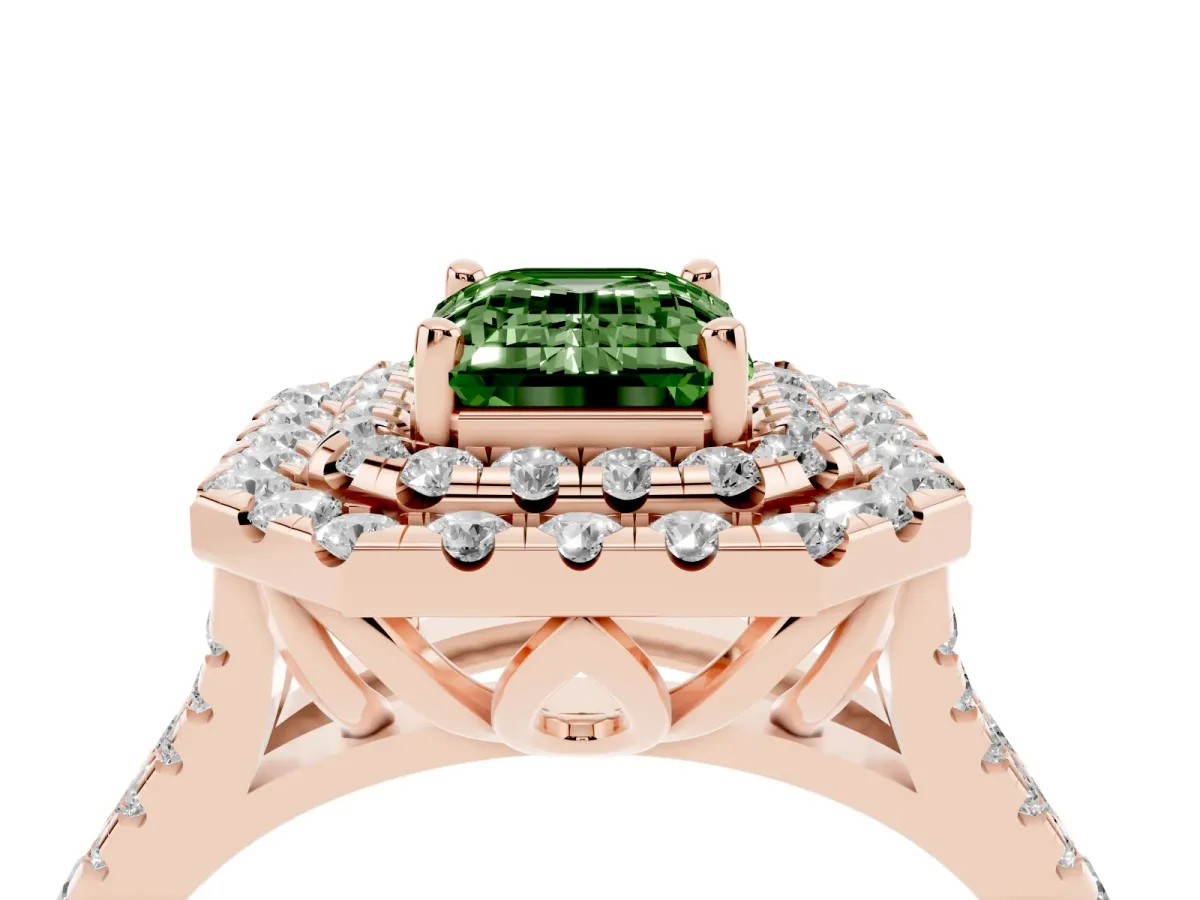Fancy Green Double Halo Emerald Cut Diamond Pavé Split Shank Ring with Prong Setting Rose gold