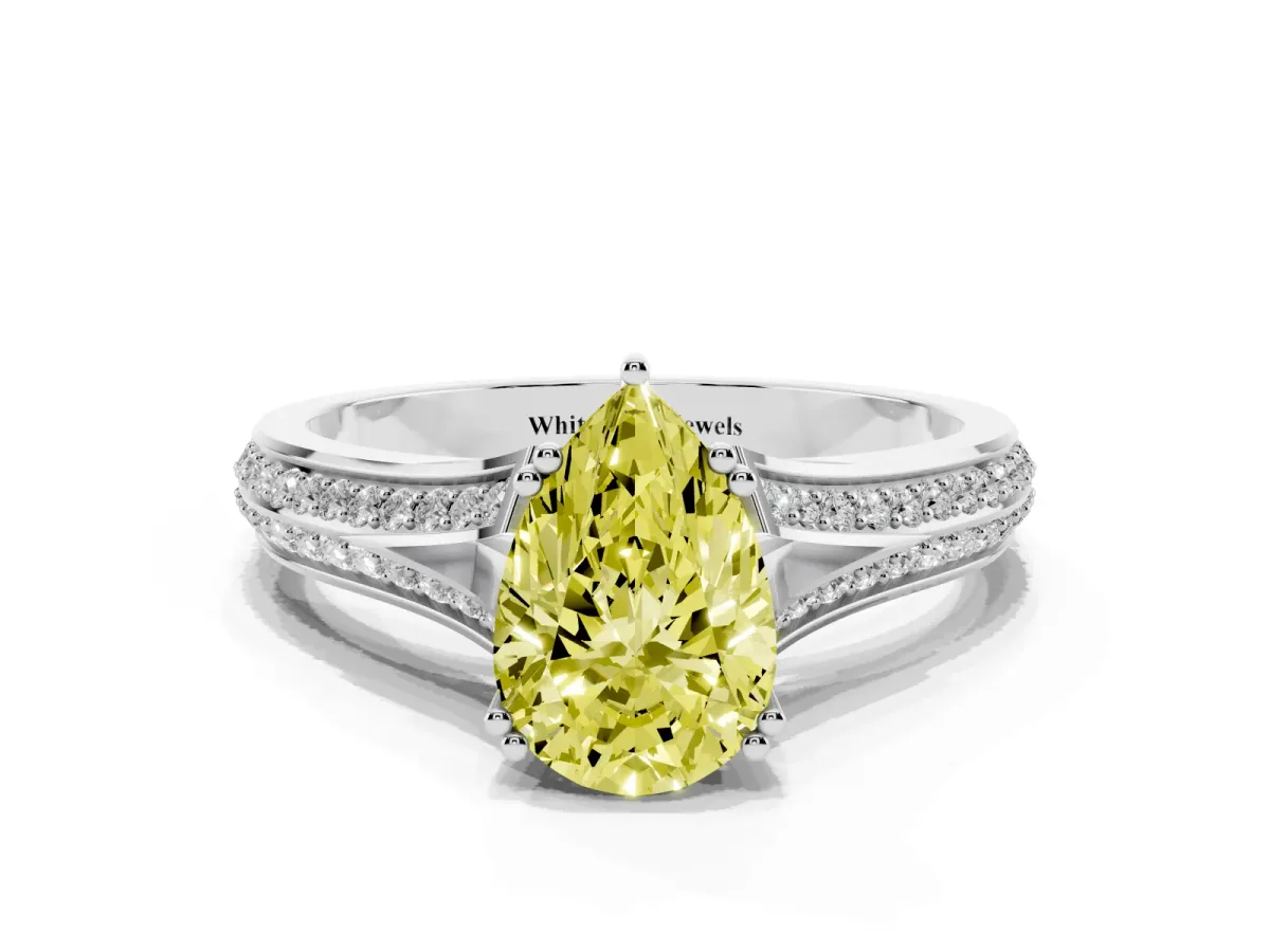 Fancy Yellow Pear Cut Diamond Split Shank Engagement Ring with Pavé Band Silver