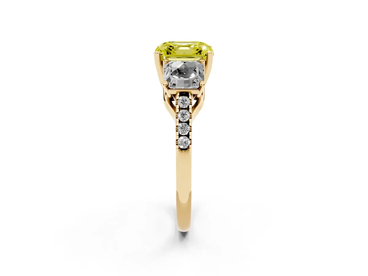 Fancy Yellow Three-Stone Asscher Cut Diamond Ring with Round Pavé Band and Prong Setting Yellow gold