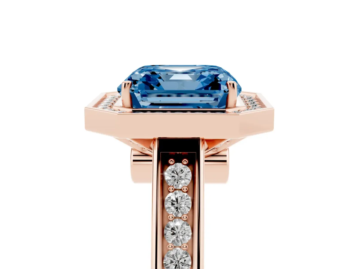 Fancy Blue Asscher Cut Halo Solitaire Diamond Ring with Pave Band and Bezel Setting Rose gold