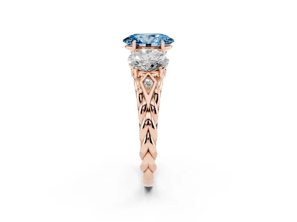 Fancy Blue Three-Stone Oval Cut Diamond Braided Band Ring with Four-Prong Setting Rose gold