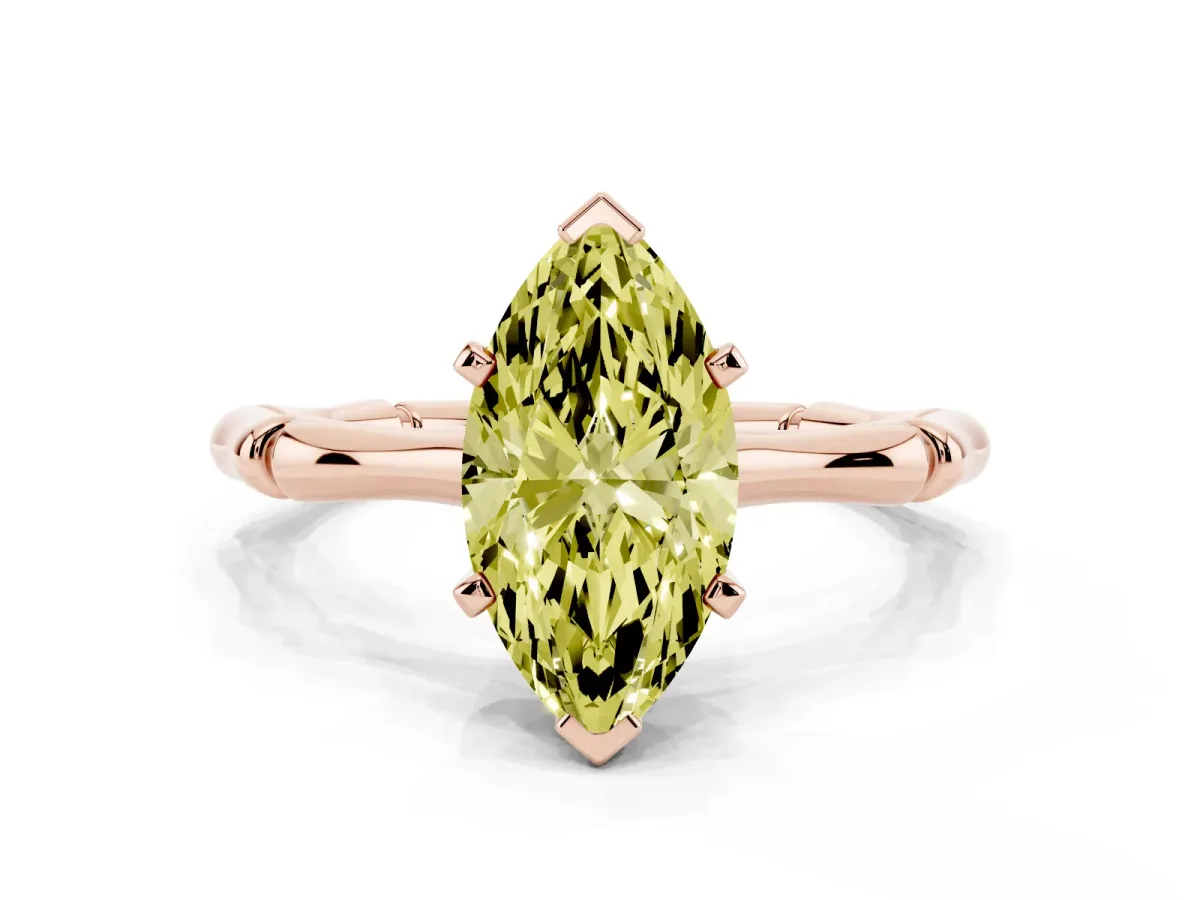 Fancy Yellow Marquise Cut Solitaire Diamond Ring with Bamboo Band and Four-Prong Setting Rose gold