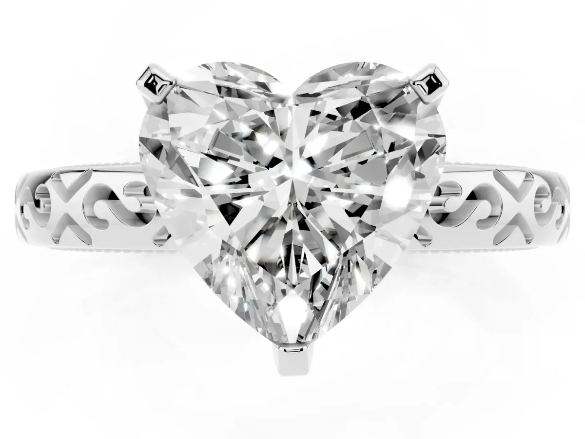 Heart Cut Solitaire Engagement Ring with Scrollwork Band and Four-Prong Setting White gold