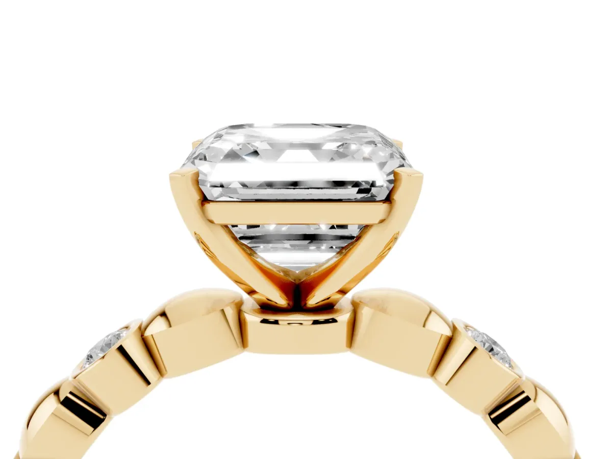 Asscher Cut Solitaire Bezel-Set Diamond Ring with Beaded Band and Four-Prong Setting Yellow gold