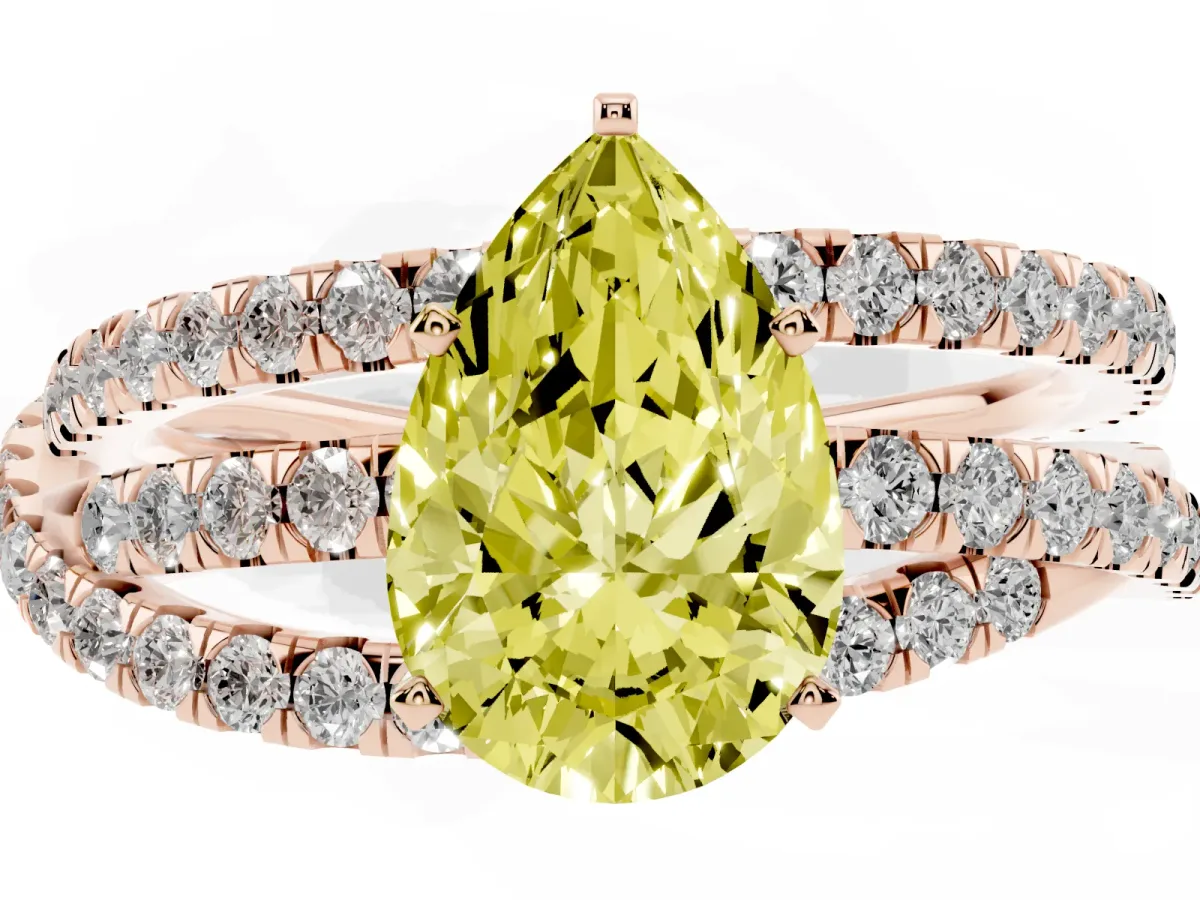 Fancy Yellow Pear Cut Solitaire Twist Band with Pavé Setting and Four-Prong Setting Rose gold