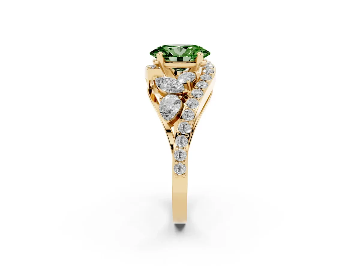 Fancy Green Oval Cut Diamond Halo Ring with Marquise and Pavé Band in Prong Setting Yellow gold
