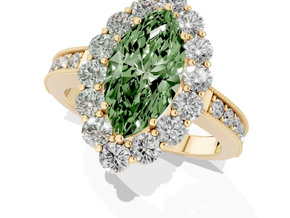 Fancy Green Marquise Cut Cut Halo Diamond Pavé Engagement Ring with Milgrain Detailing Yellow gold