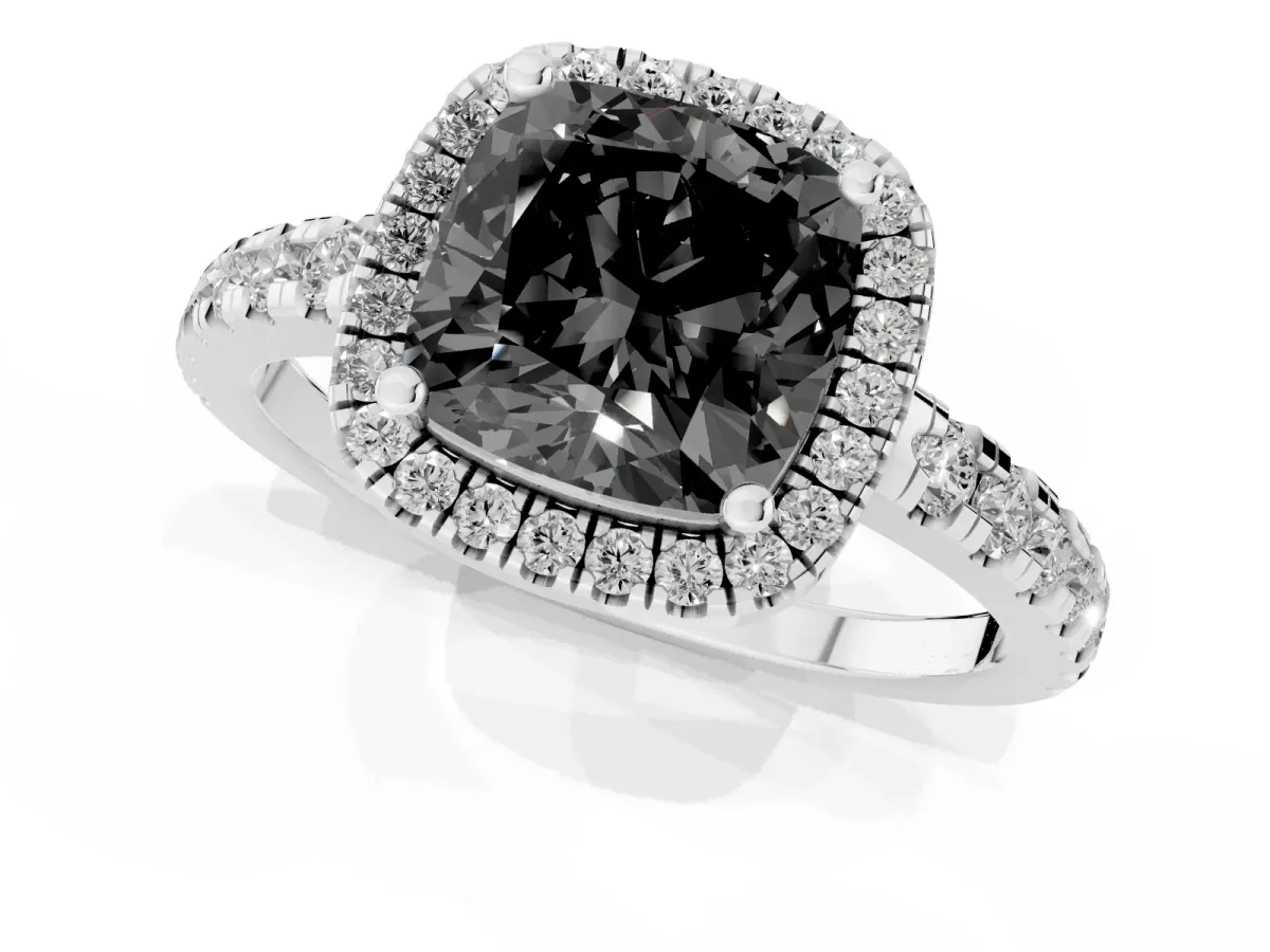 Fancy Black Cushion Cut Diamond Halo Ring with Pavé Band and Four-Prong Setting Platinum