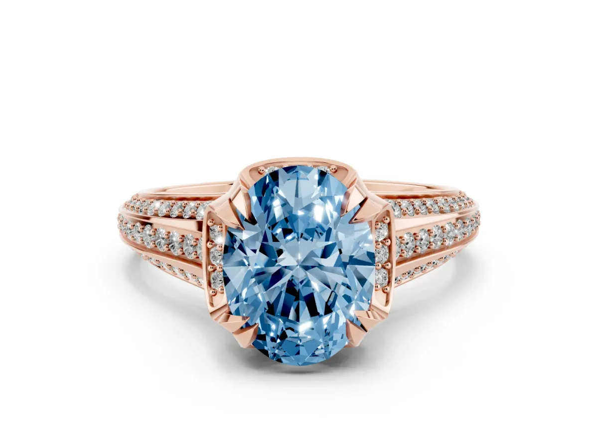 Fancy Blue Oval Cut Solitaire Pave Split Shank Ring with Four-Prong Setting Rose gold