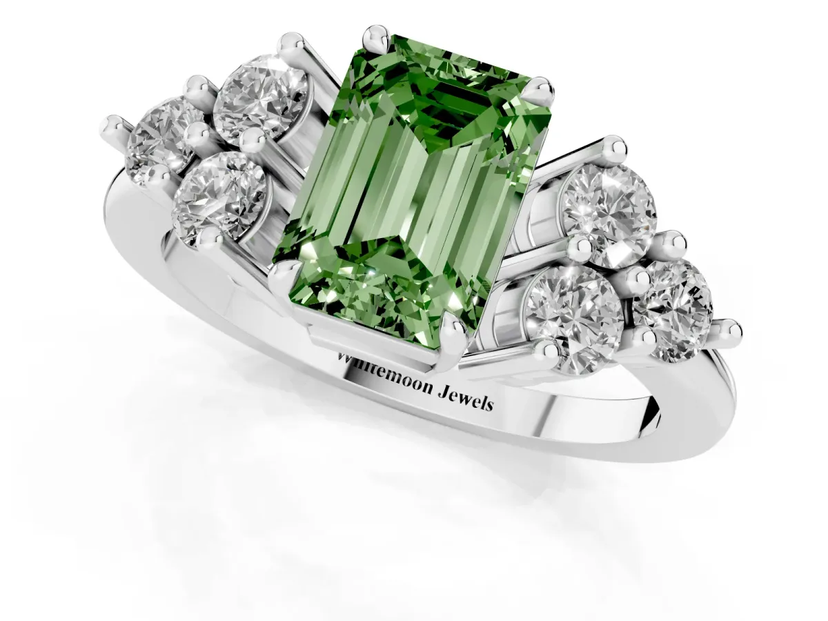 Fancy Green Emerald Cut Brilliant Diamond Cluster Accent Solitaire Ring with Prong Setting Platinum