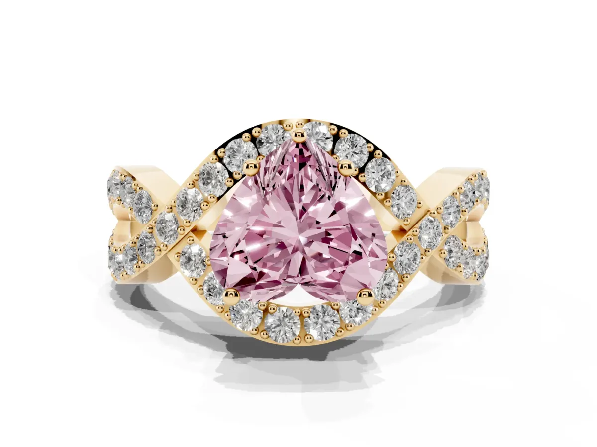 Fancy Pink Heart Cut Solitaire Twist Band Pavé Diamond Engagement Ring Yellow gold