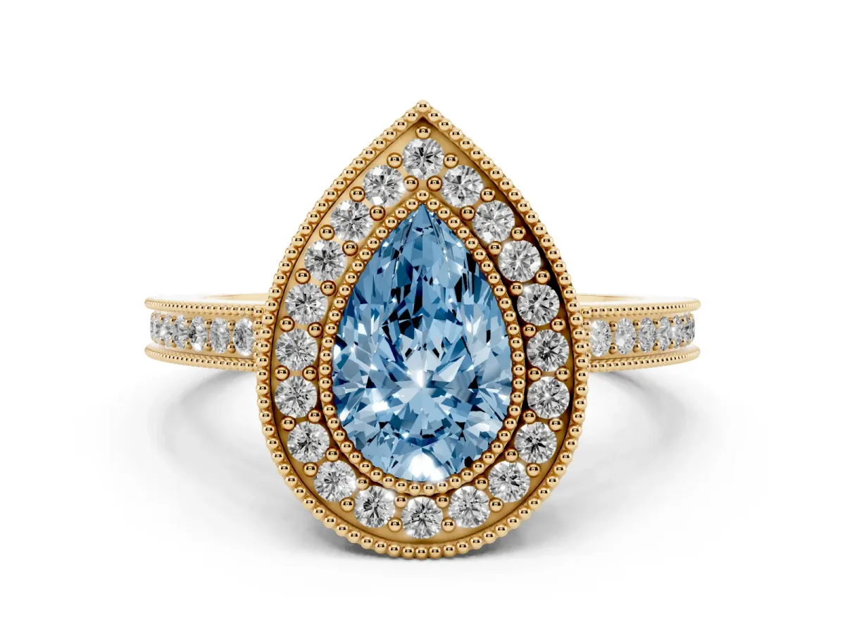 Fancy Blue Pear Cut Cut Halo Diamond Ring with Pavé Band and Milgrain Prong Setting Yellow gold