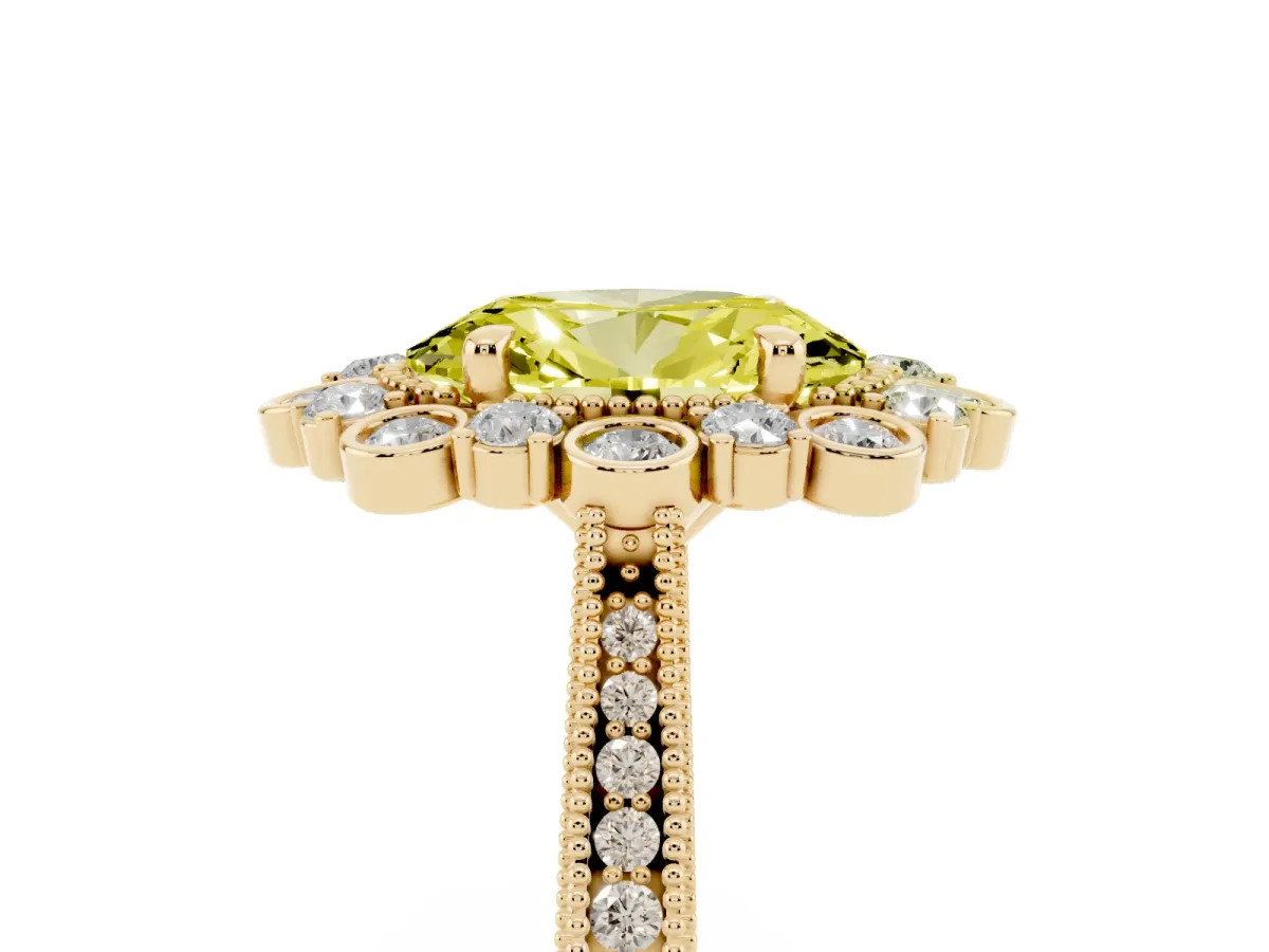 Fancy Yellow Oval Cut Halo Milgrain Pave Diamond Ring with Four-Prong Setting Yellow gold