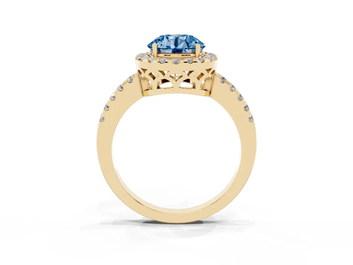 Fancy Blue Round Cut Halo Diamond Engagement Ring with Pavé Band and Four-Prong Setting Yellow gold