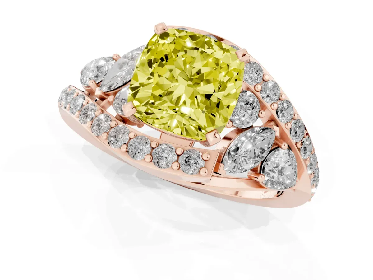 Fancy Yellow Cushion Cut Diamond Halo Ring with Marquise and Pavé Band in Prong Setting Rose gold