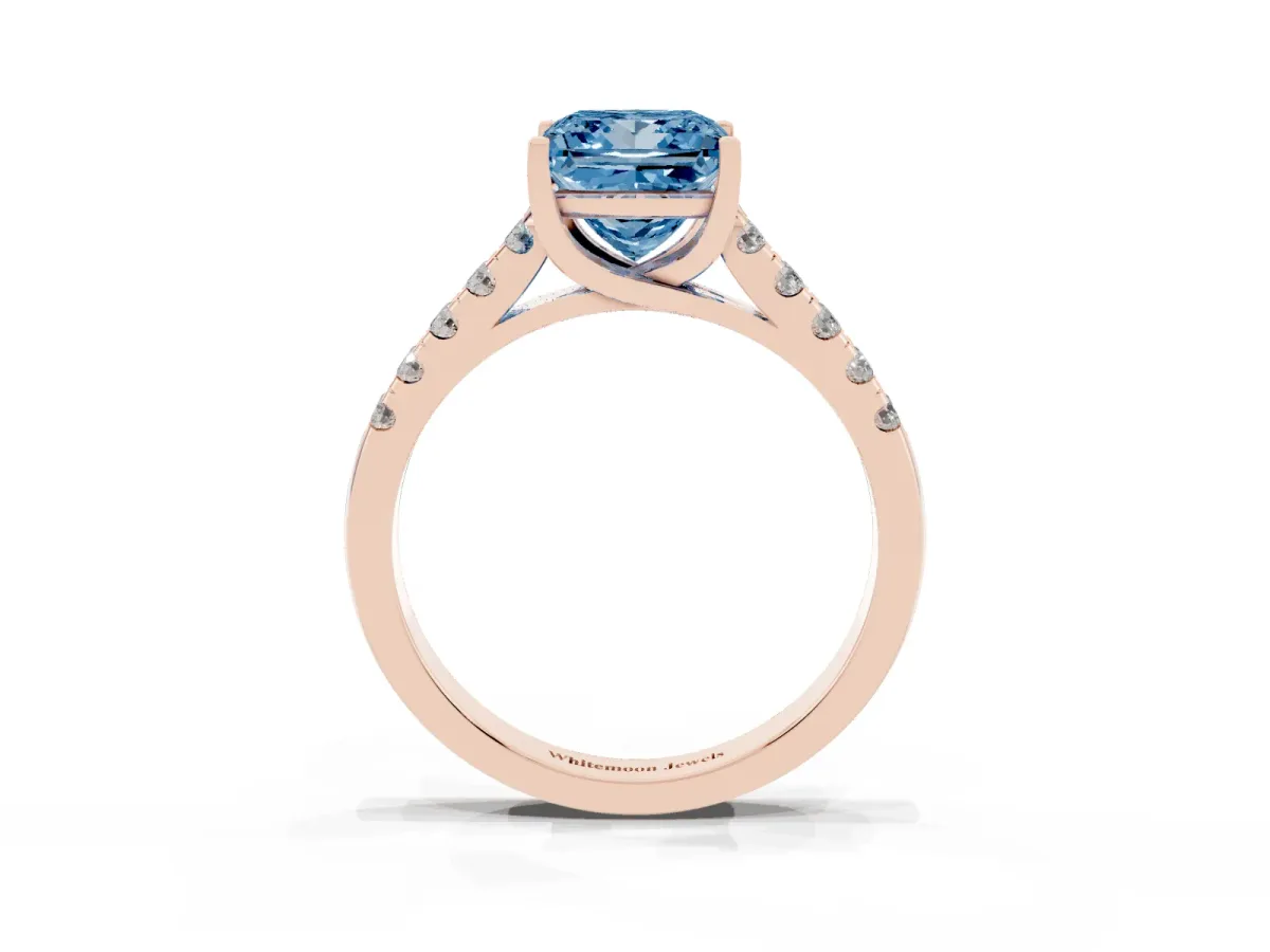 Fancy Blue Princess Cut Diamond Pavé Band Solitaire Ring with Prong Setting Rose gold