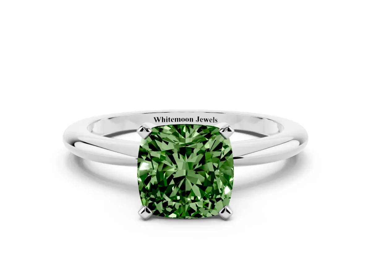 Fancy Green Cushion Cut Diamond Solitaire Ring with Prong Setting and Classic Band Silver
