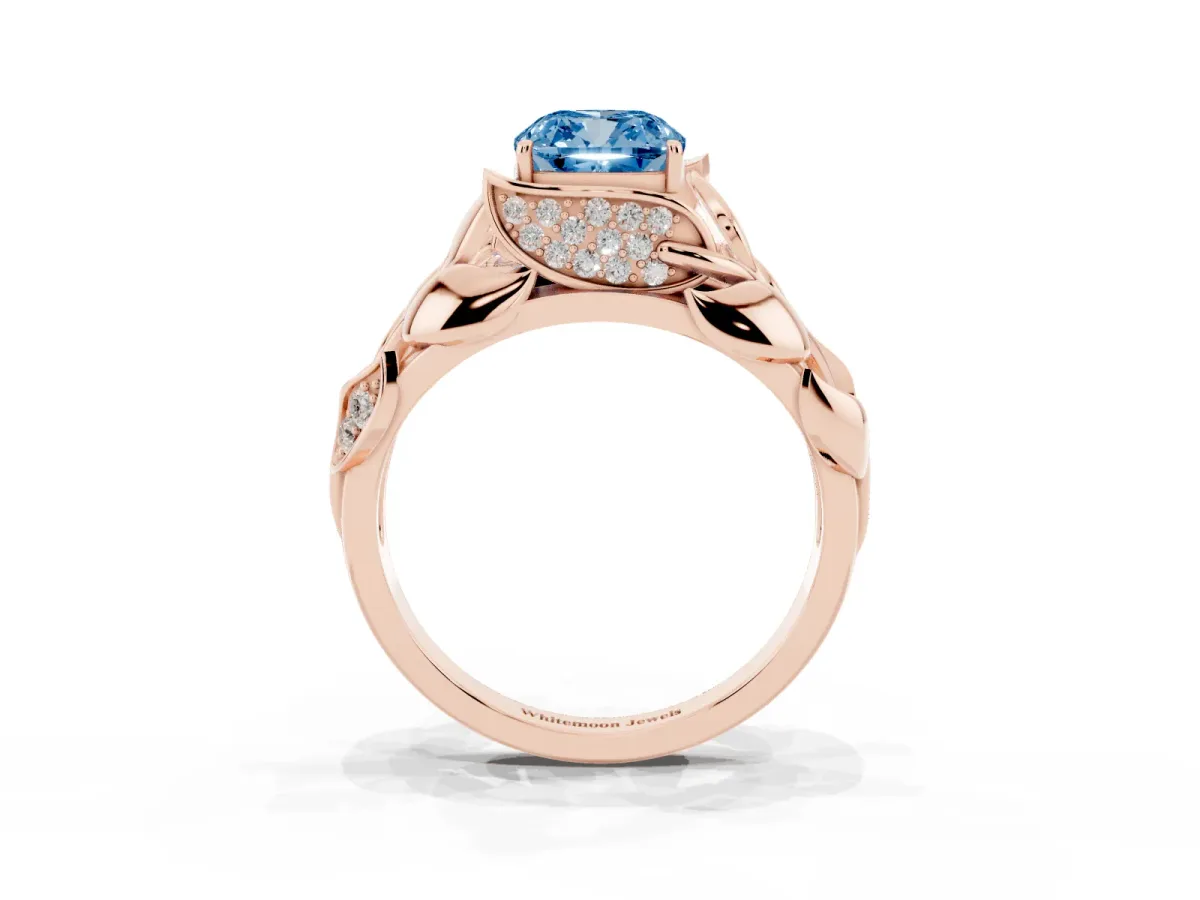 Fancy Blue Cushion Cut Diamond Leaf-Inspired Engagement Ring with Round Accents and Prong Setting Rose gold