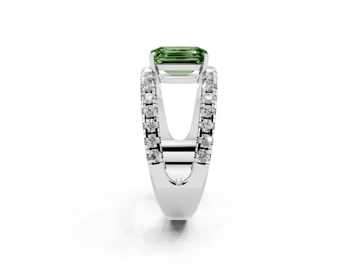 Fancy Green Emerald Cut Solitaire Split Shank Pave Diamond Ring Silver