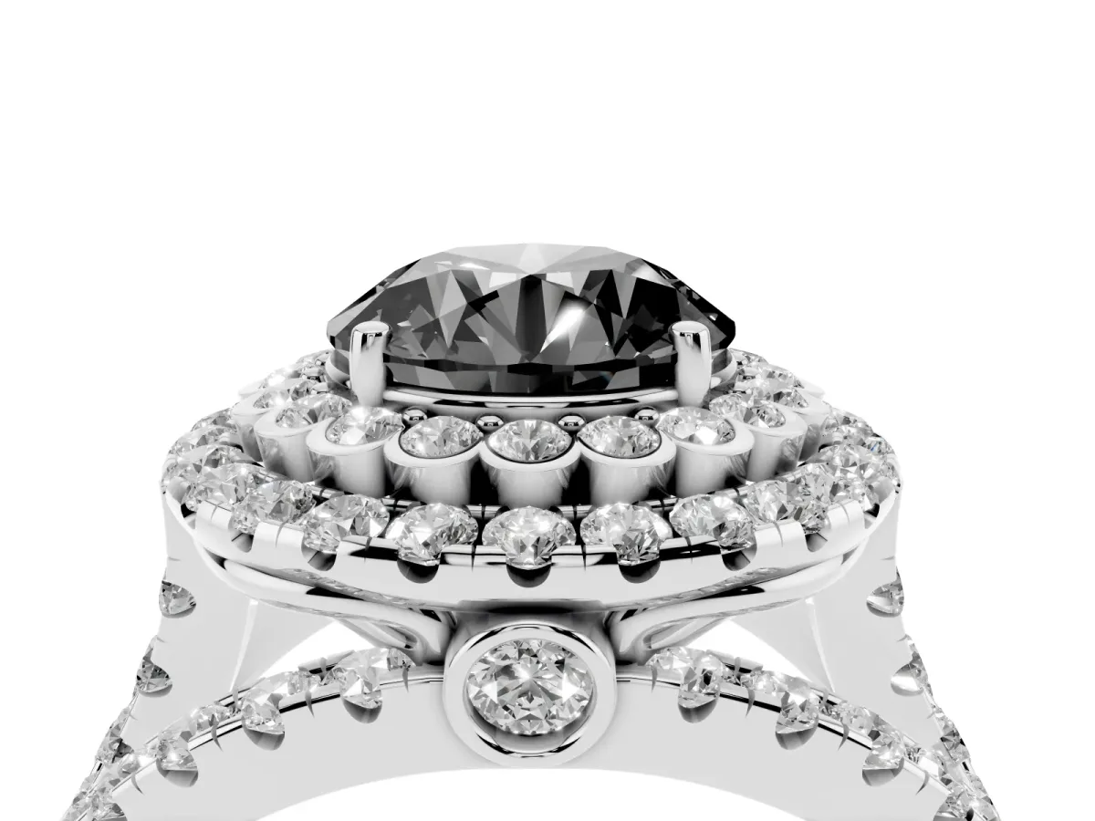 Fancy Black Round Cut Diamond Double Halo Ring with Round Pavé Split Shank and Prong Setting Silver