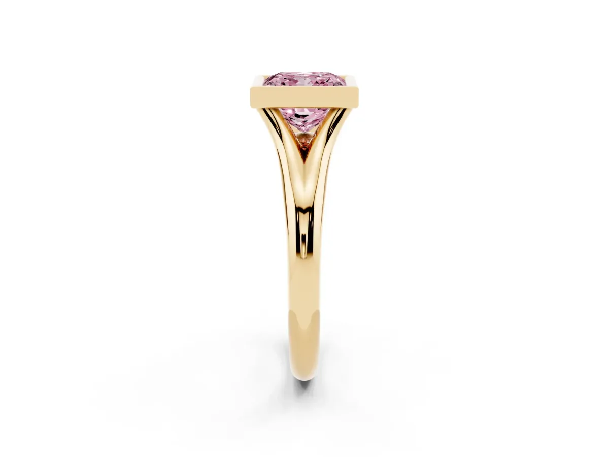 Fancy Pink Bezel Set Princess Cut Solitaire Diamond Ring with Smooth Band Yellow gold