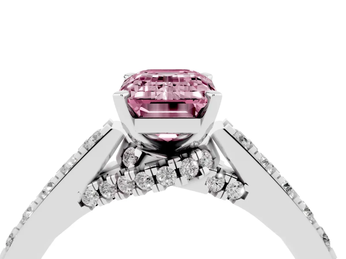 Fancy Pink Emerald Cut Diamond Solitaire Ring with Crossover Gallery and Round Pavé Band Platinum