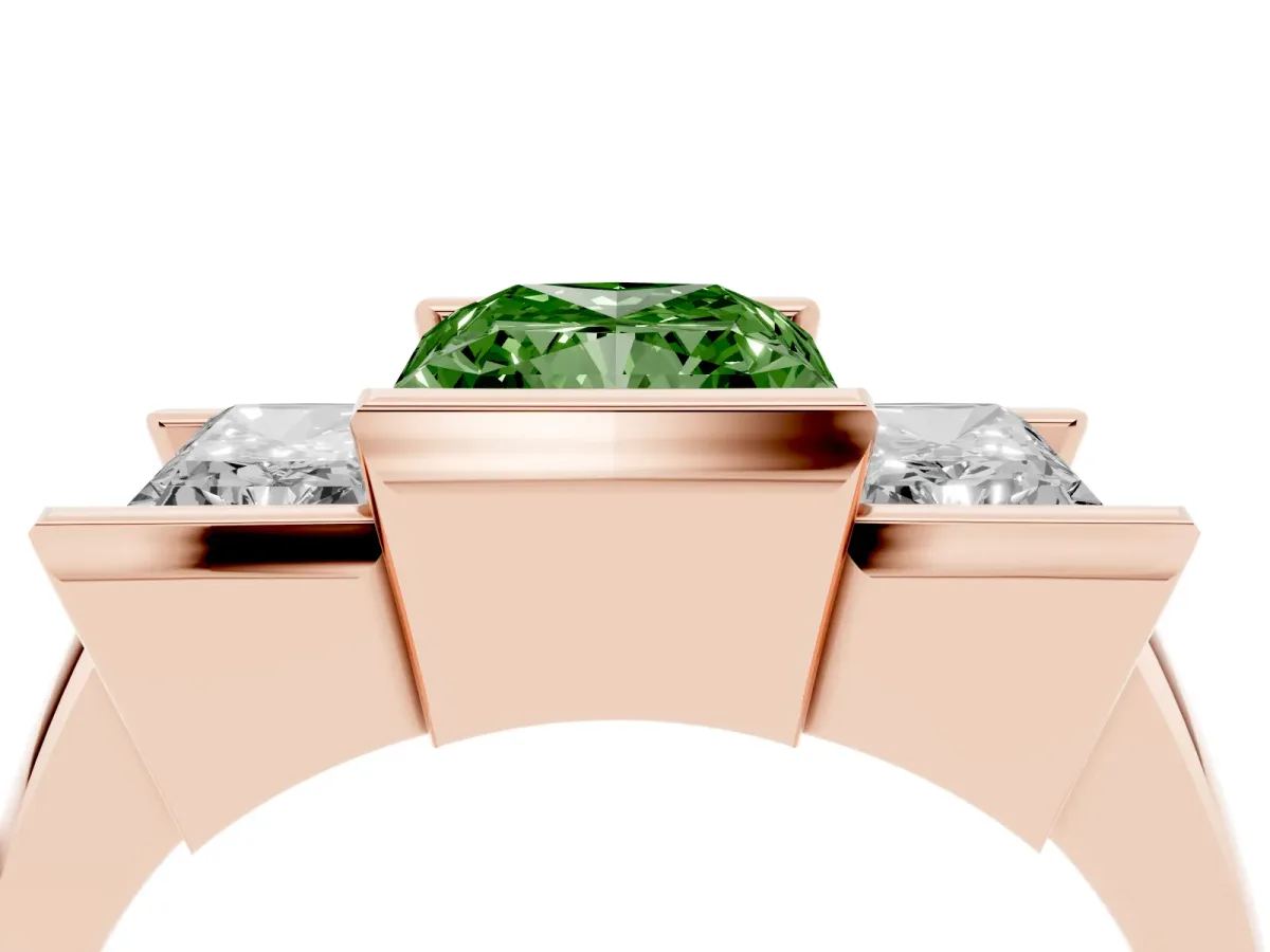 Fancy Green Three Stone Radiant Cut Cut Channel Set Diamond Ring Rose gold