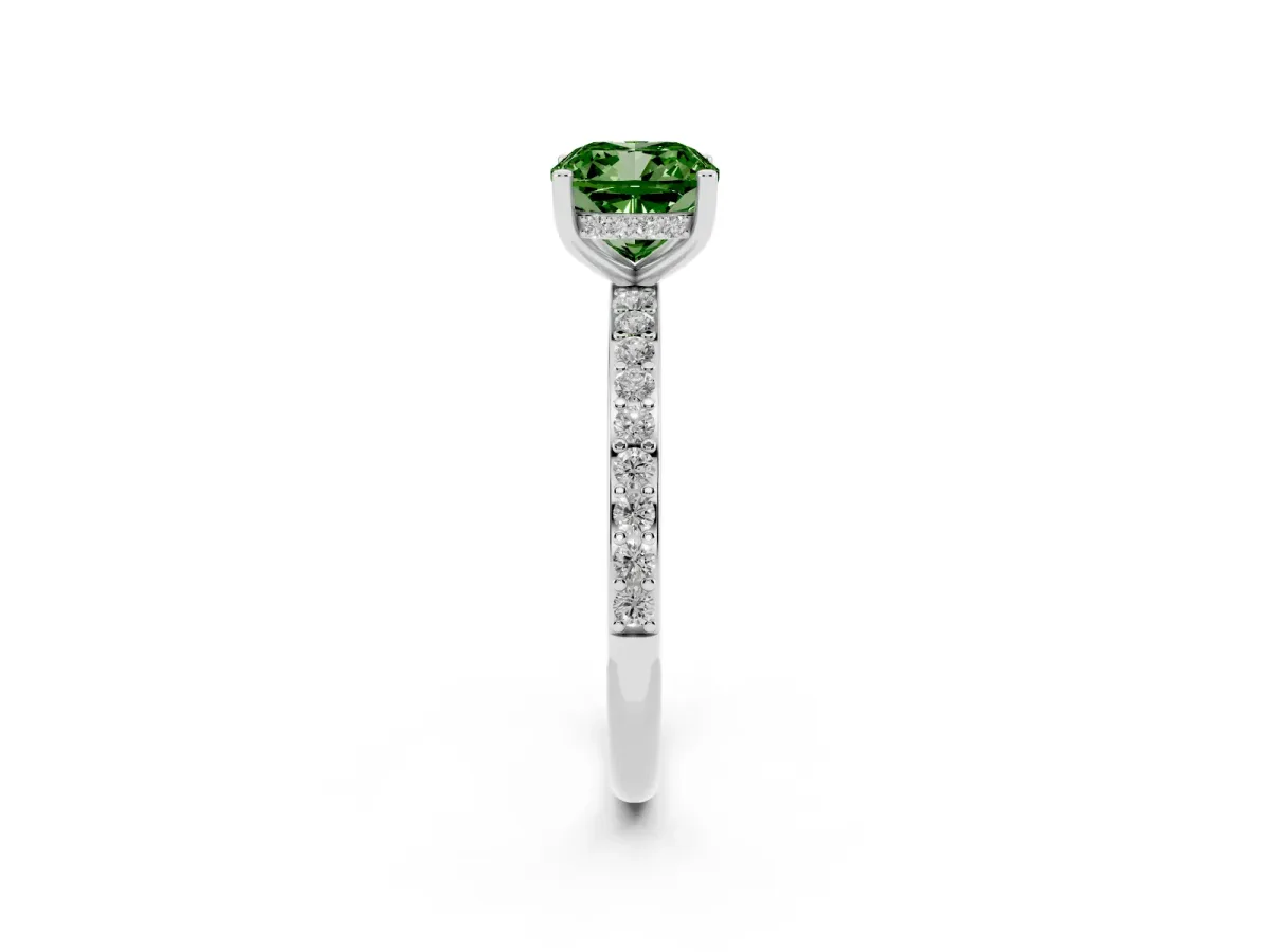 Fancy Green Cushion Cut Cut Diamond Pavé Band Ring with Four-Prong Setting Silver