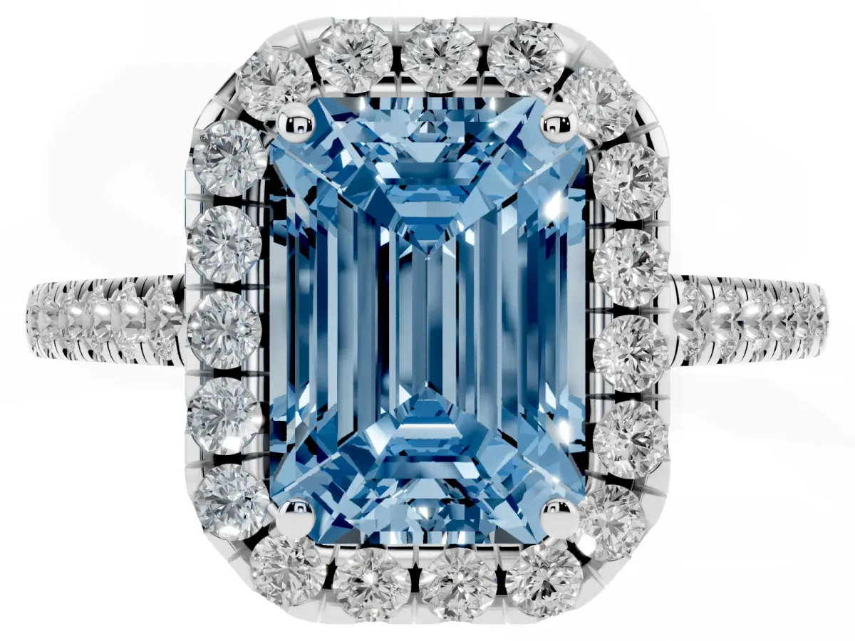 Fancy Blue Emerald Cut Halo Pave Diamond Engagement Ring with Four-Prong Setting Platinum