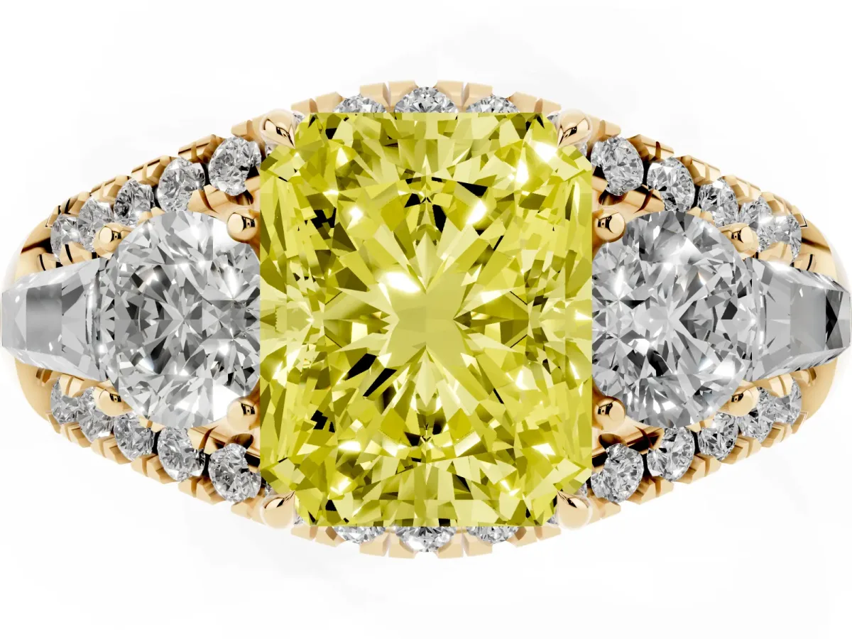 Fancy Yellow Three-Stone Radiant Cut Diamond Engagement Ring with Pave Band and Prong Setting Yellow gold