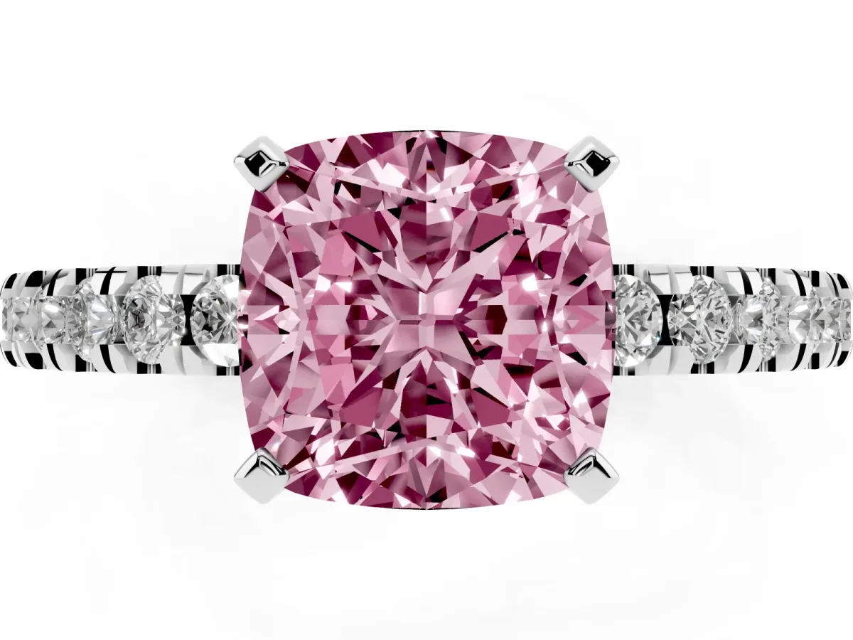 Fancy Pink Cushion Cut Solitaire Diamond with Pavé Band and Four-Prong Setting Platinum