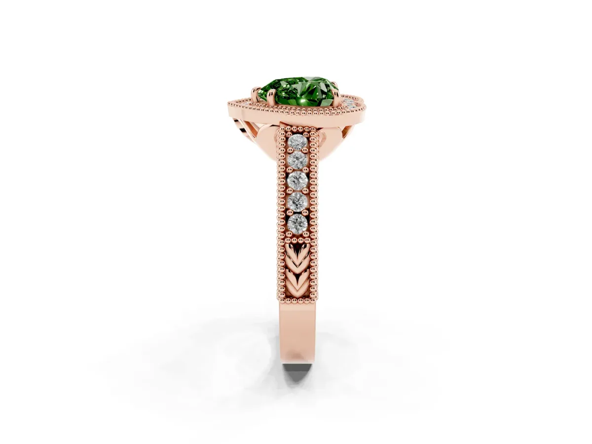 Fancy Green Heart Cut Cut Halo Diamond Ring with Pavé Band and Four-Prong Setting Rose gold