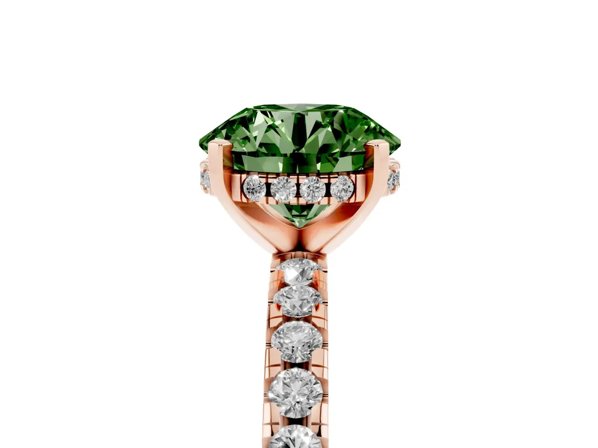 Fancy Green Round Cut Diamond Solitaire Ring with Round Pavé Band and Four-Prong Setting Rose gold